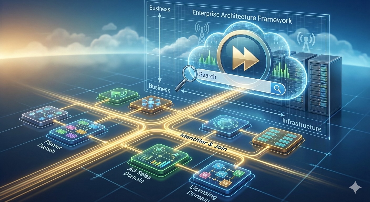 An enterprise architecture framework for a streaming media platform — playout, ad-sales, and licensing domains connected across the business and infrastructure layers.