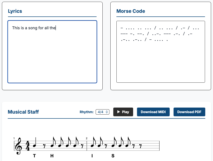 The web app: a lyrics input field, its live Morse code translation, and the generated musical staff with playback and MIDI/PDF export.